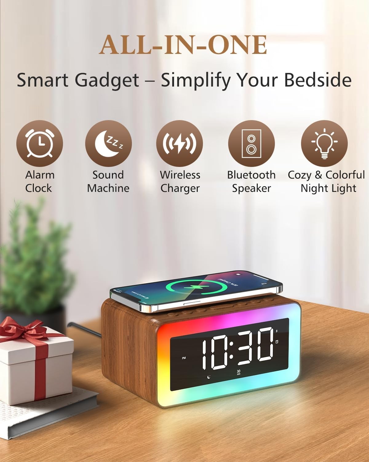 5 in 1 Alarm Clock Wireless Charger Bluetooth Speaker White Noise Night Light