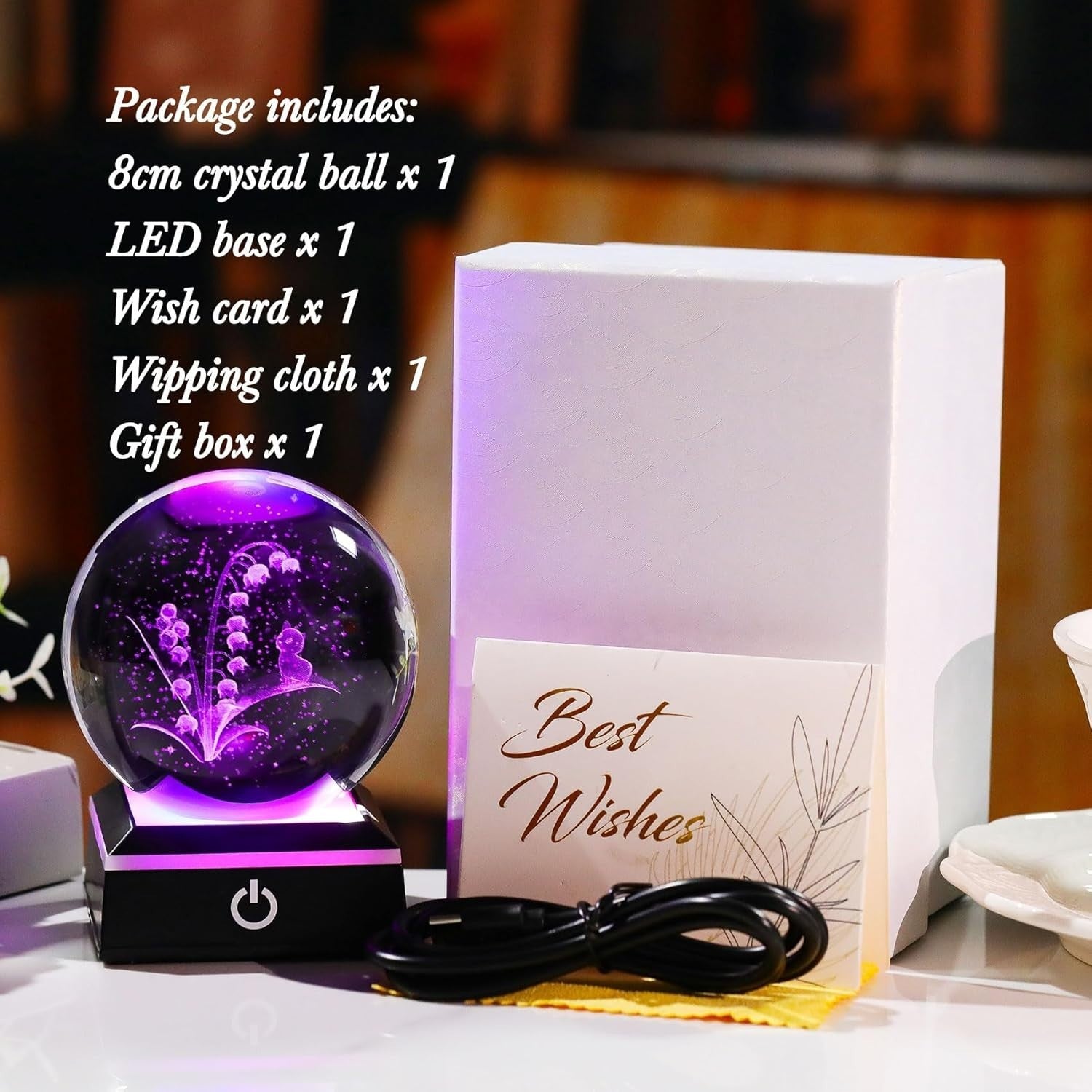 3D Crystal Lily of the Valley Cat Ball LED Light Ornament 8cm K9 Glass Gift