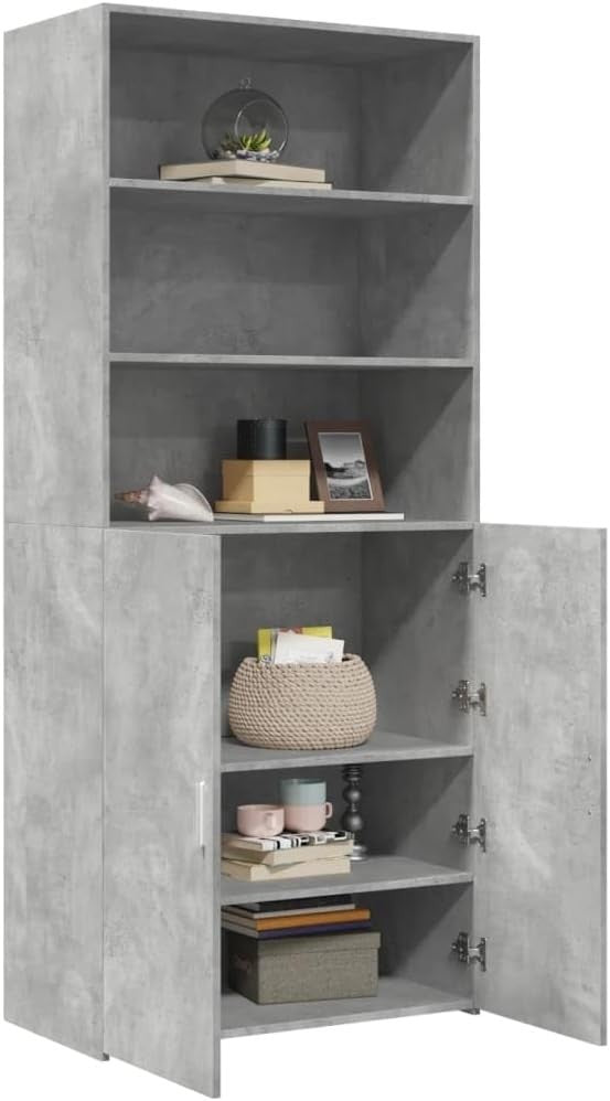 Modern Concrete Grey Storage Cabinet with Doors & Shelves for Living Room