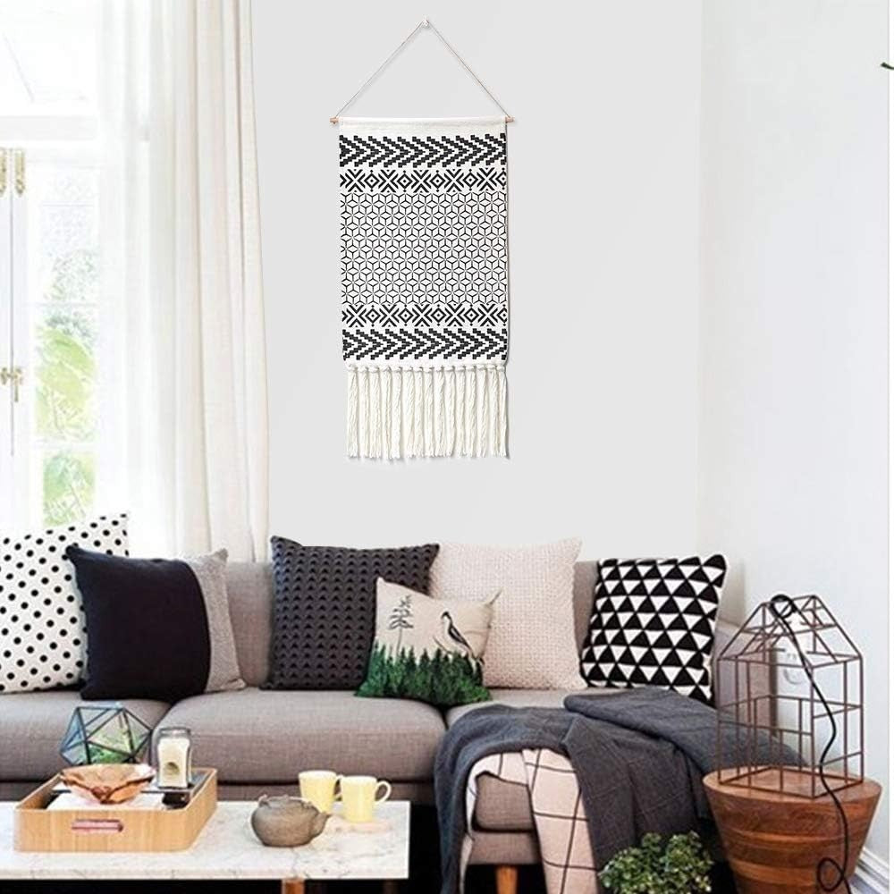 Boho Macrame Wall Hanging Black White Geometric Tapestry Decor
