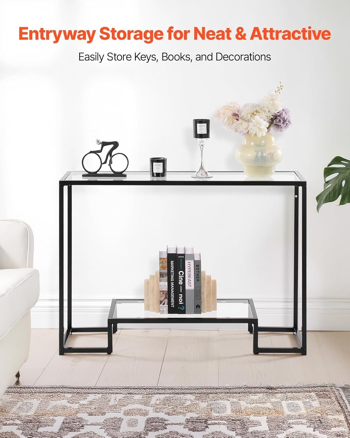 Modern Tempered Glass Console Table with 2-Tier Storage & Anti-Tip