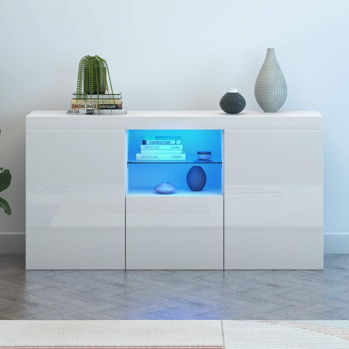 White Gloss TV Cabinet with LED Lights 3 Door Sideboard Storage Unit 134cm