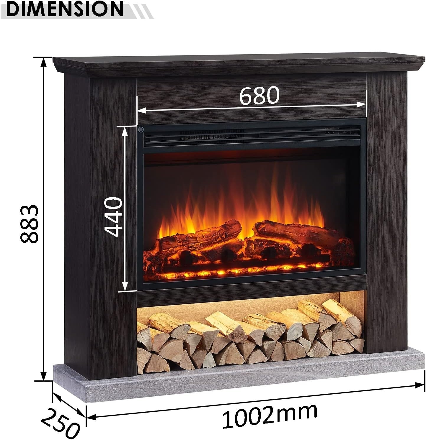 Electric Freestanding Fireplace 2000W Heater LED Flame Effect Remote