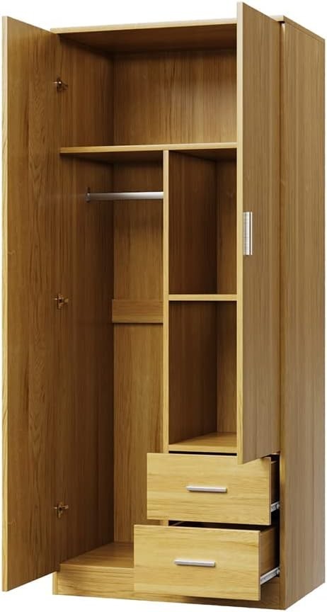Wooden 2 Door Wardrobe with 2 Drawers Bedroom Storage Closet Unit