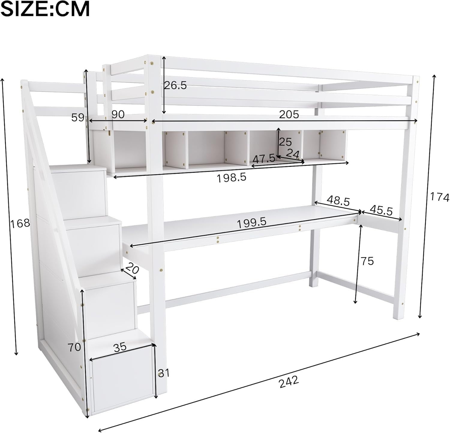 Loft Bunk Bed with Desk & Storage Stairs, 3FT 90x190cm Kids Single Bed White