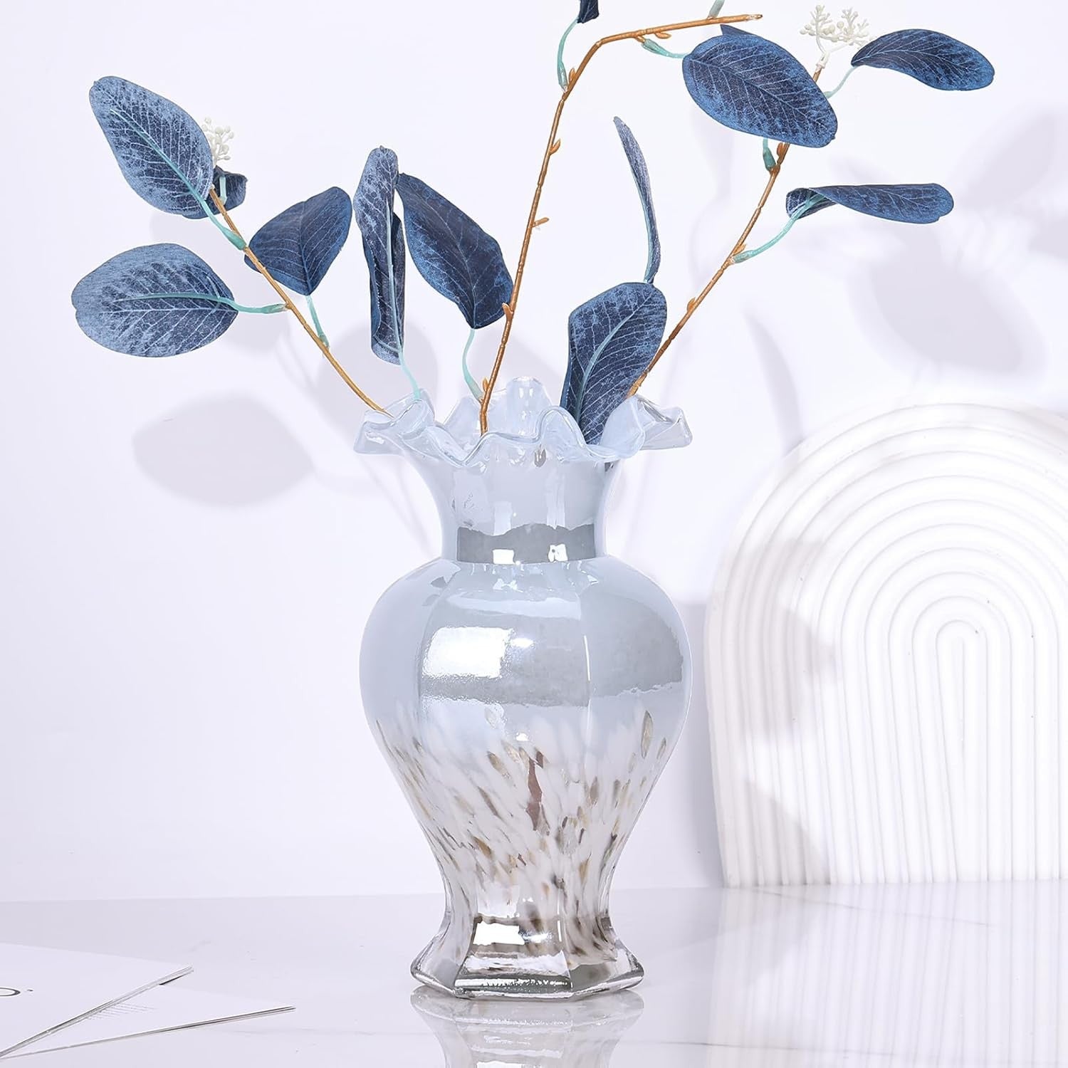 Hand Blown Blue Glass Vase 24cm Tall Art Centerpiece Table Decor