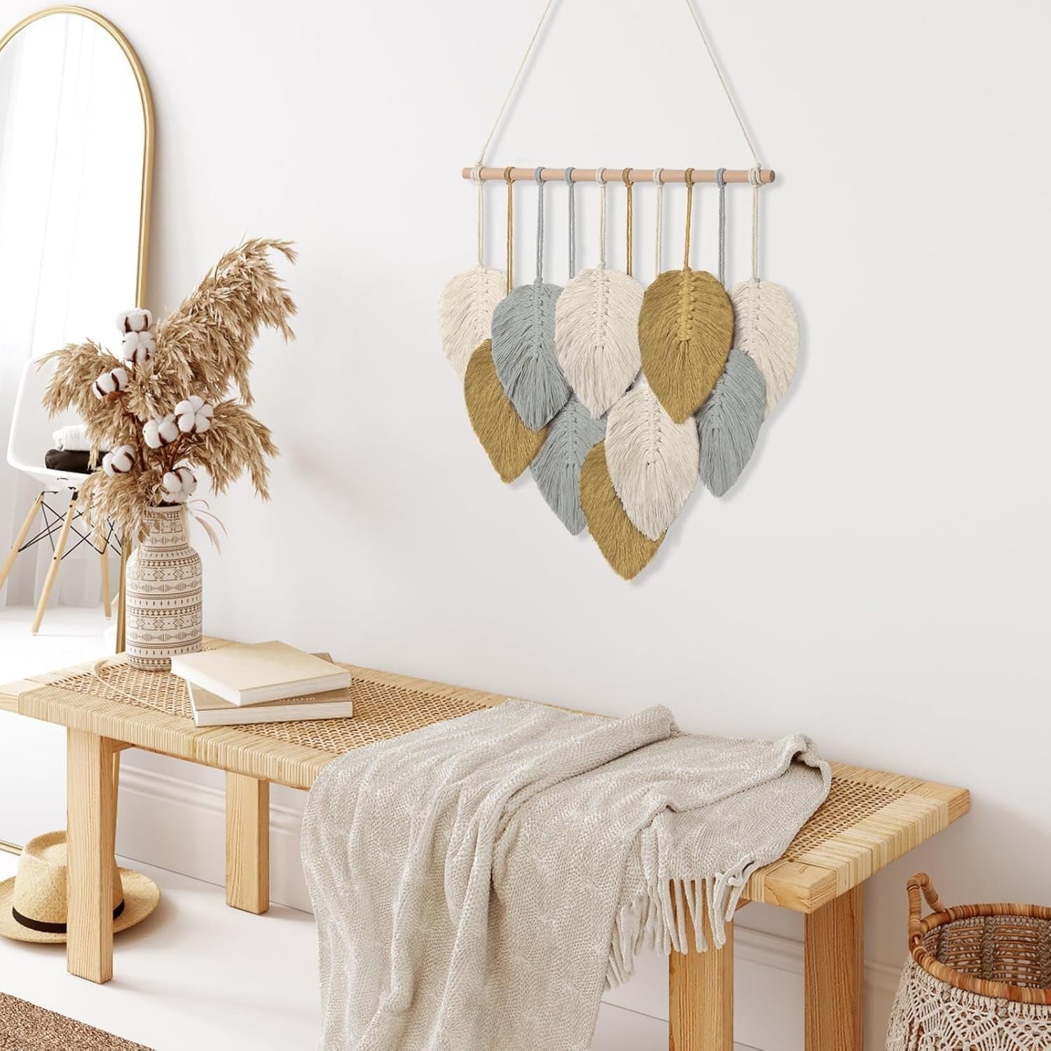 Small Macrame Wall Hanging Boho Leaf Woven Decor Yellow
