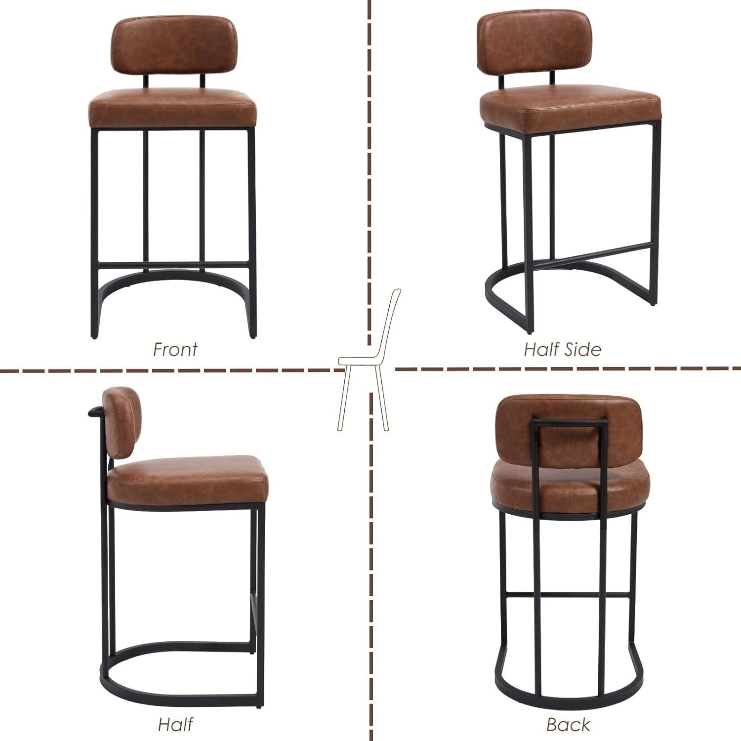 PU Leather Bar Stools Set of 2 Brown Modern Counter Height Chairs