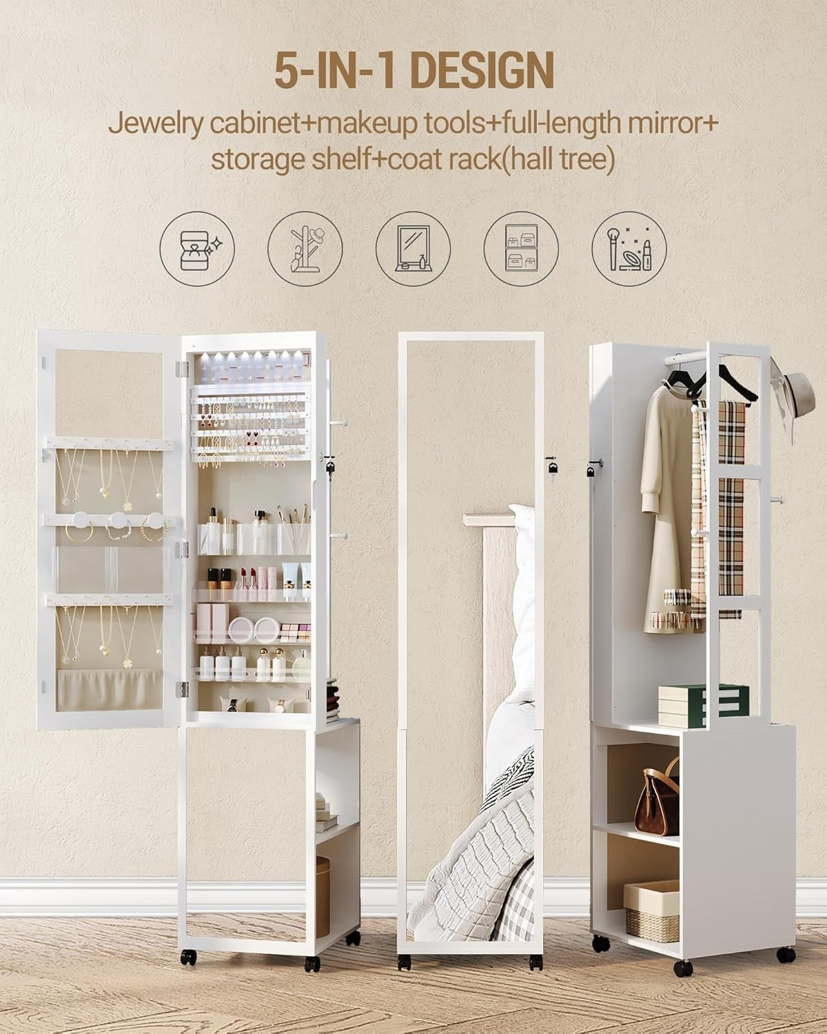 White & Beige LED Jewelry Cabinet Mirror Lockable Rolling Storage Rack