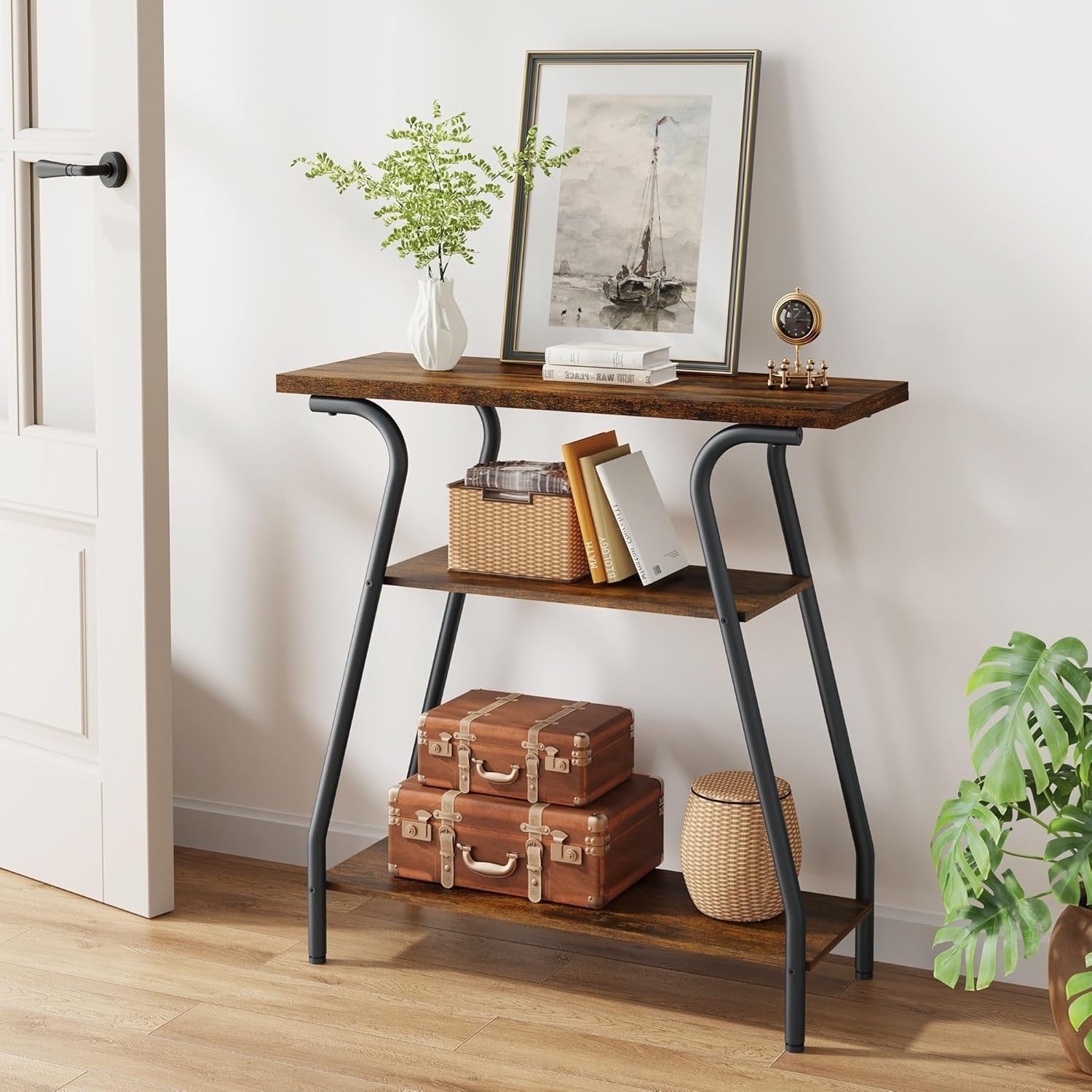 3 Tier Hallway Console Table with Storage Shelves, Industrial Design
