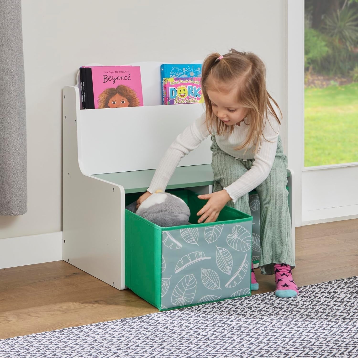 Kids Teddy Bear Bookcase with Seat &Storage Bins – H60xW61.5xD50cm