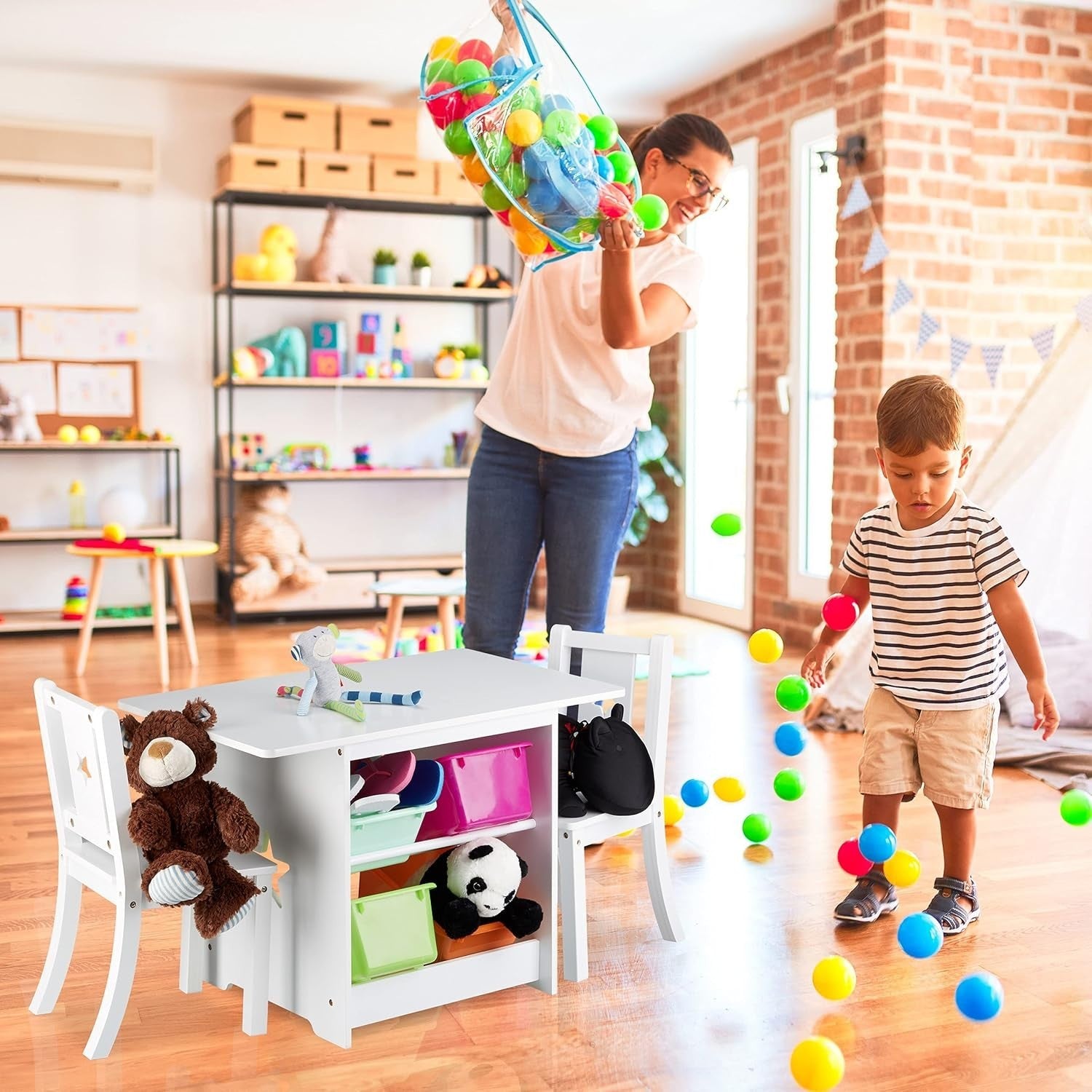 Kids Wooden Table & Chairs Set with Storage, White, Star Cutouts, Durable