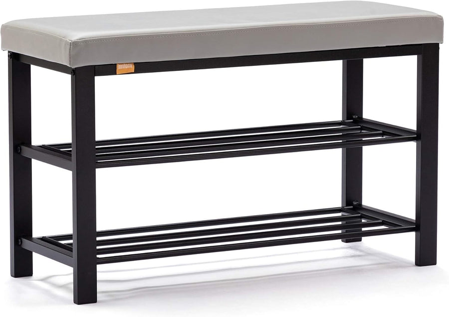 Light Grey Faux Leather Shoe Storage Bench – 3-Tier Hallway Seat Rack