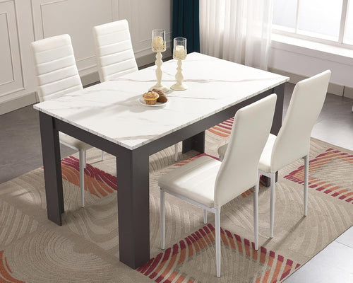 Modern Marble White Dining Table Set with 4 PU Leather Chairs 120x80cm