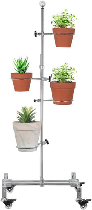 Metal Plant Stand with Wheels 4 Pot Clips Adjustable Tall Indoor Flower Rack