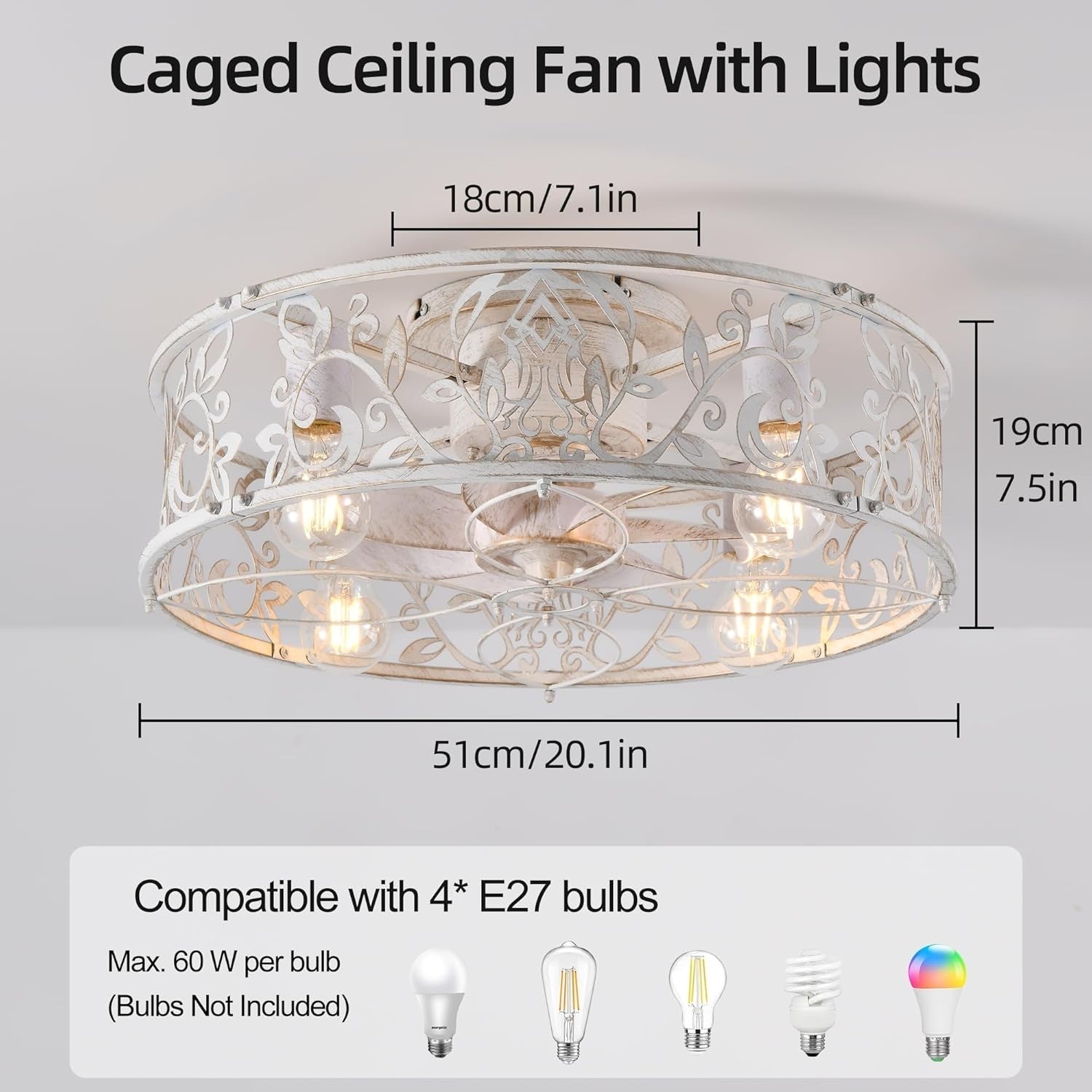 Caged Ceiling Fan with Light 51CM, 6-Speed, E27, APP, Remote, WhiteGaneed