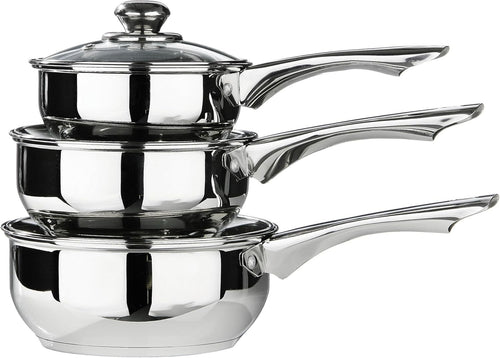 3Pcs Stainless Steel Saucepan Set with Glass Lids Mirror Finish