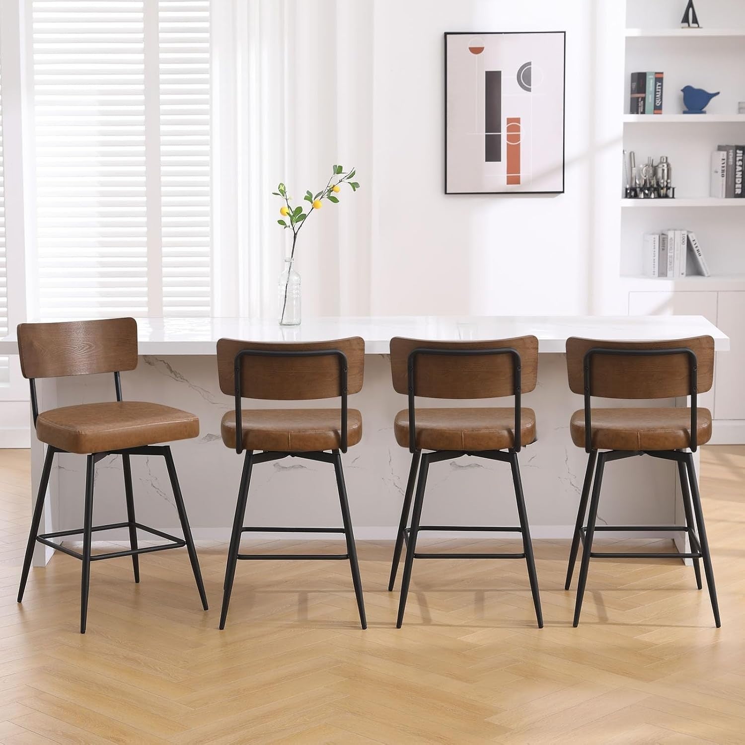 Swivel Bar Stools Set of 4 | PU Leather Counter Chairs Wood Back