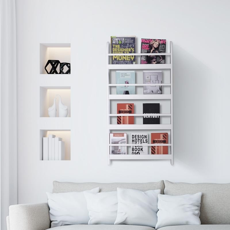 4-Tier Wall Mounted Magazine Rack Book Shelf Storage Unit – White MDF Pine