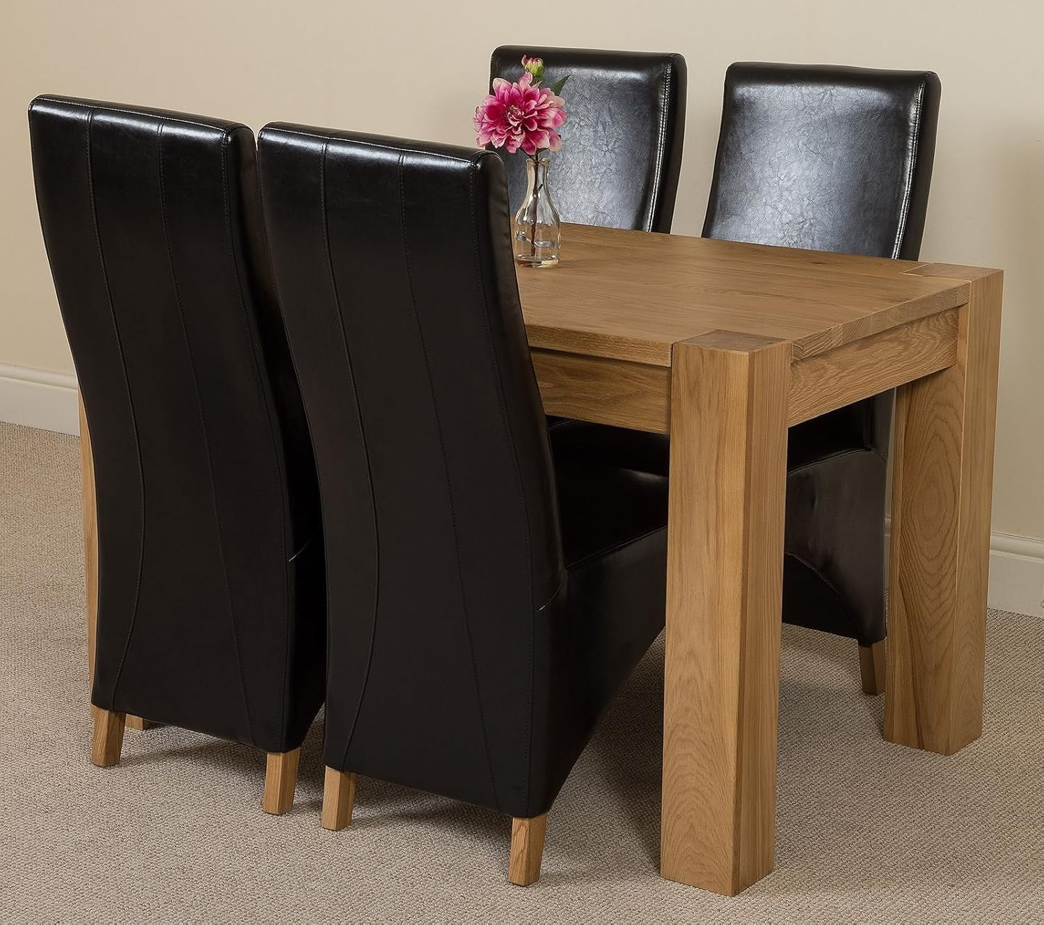 Solid Oak Dining Table Set 4 Black Leather Chairs – 125x80cm Compact