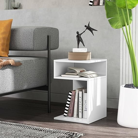 S-Shaped Side Table Set of 2 Modern Narrow Bedside Tables with Storage Shelves