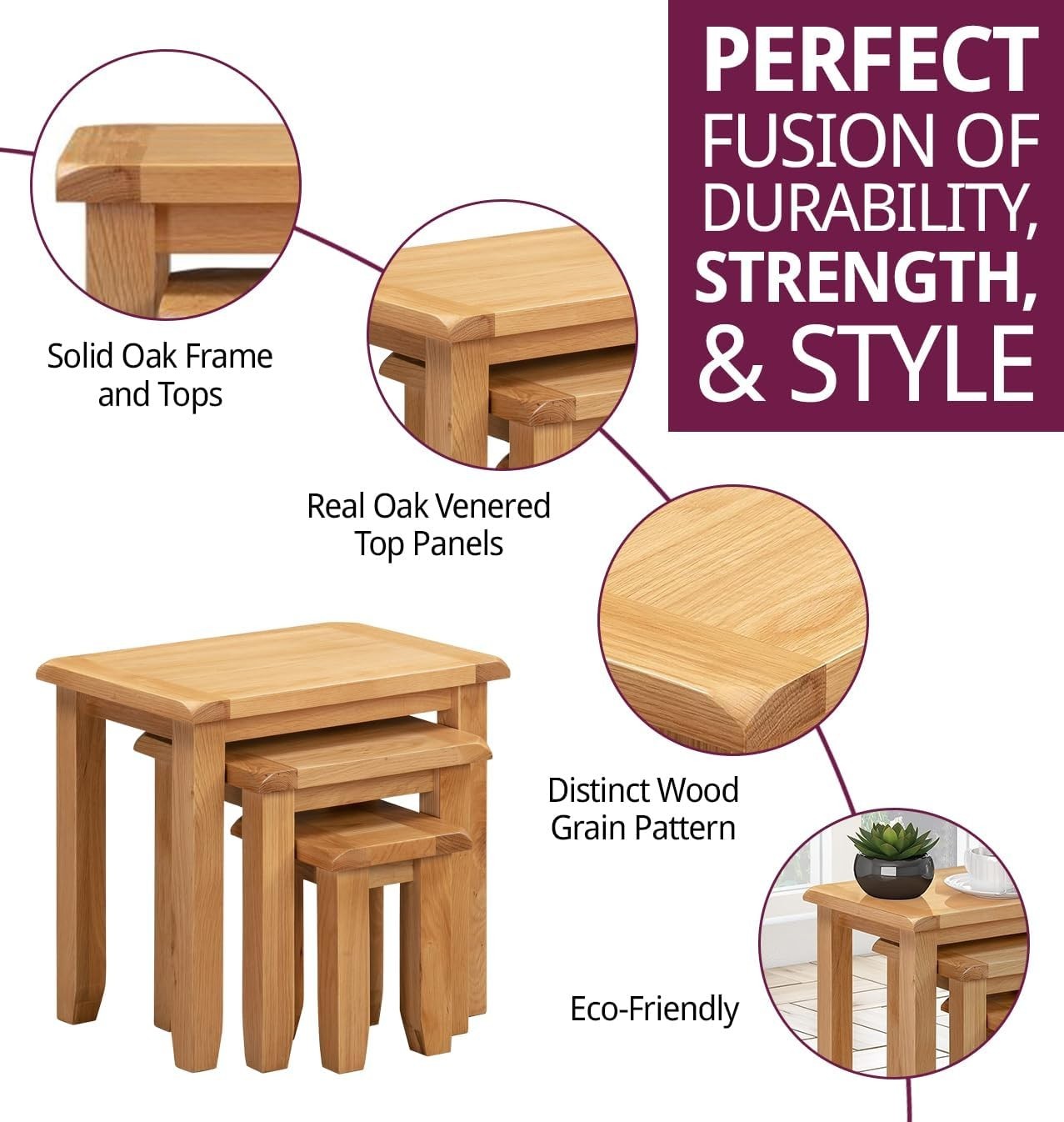 Nest of 3 Coffee Tables Solid Oak Wood Light Rustic Side End Set Space Saving