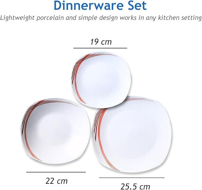 12pc White Ceramic Dinnerware Set Plates Bowls Service for 4 Red Line