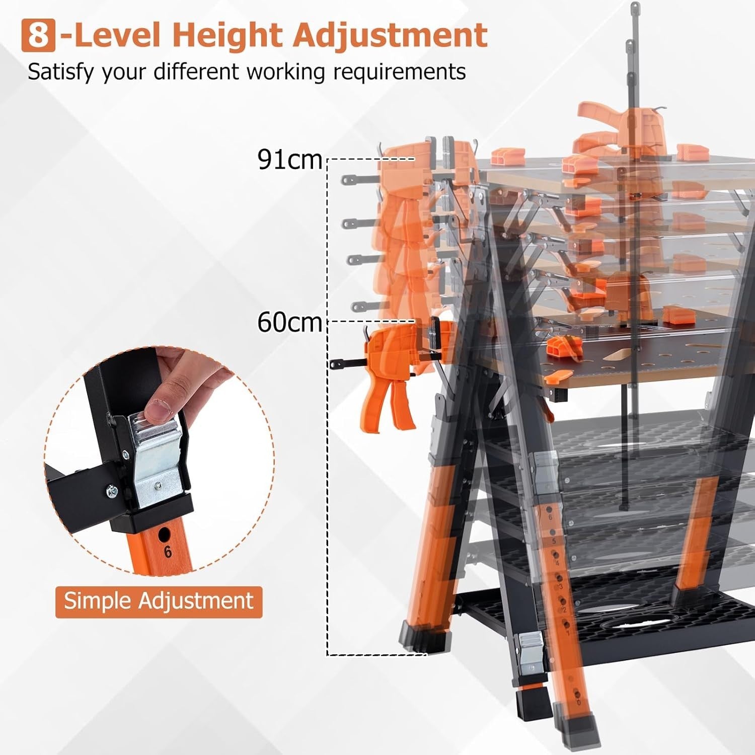 Folding Workbench 70x65cm Adjustable Height Sawhorse 450kg Table Orange