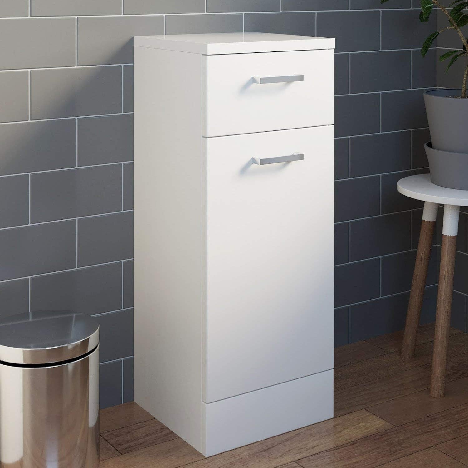 Slim White Bathroom Laundry Cabinet with Drawer Soft Close Door Storage