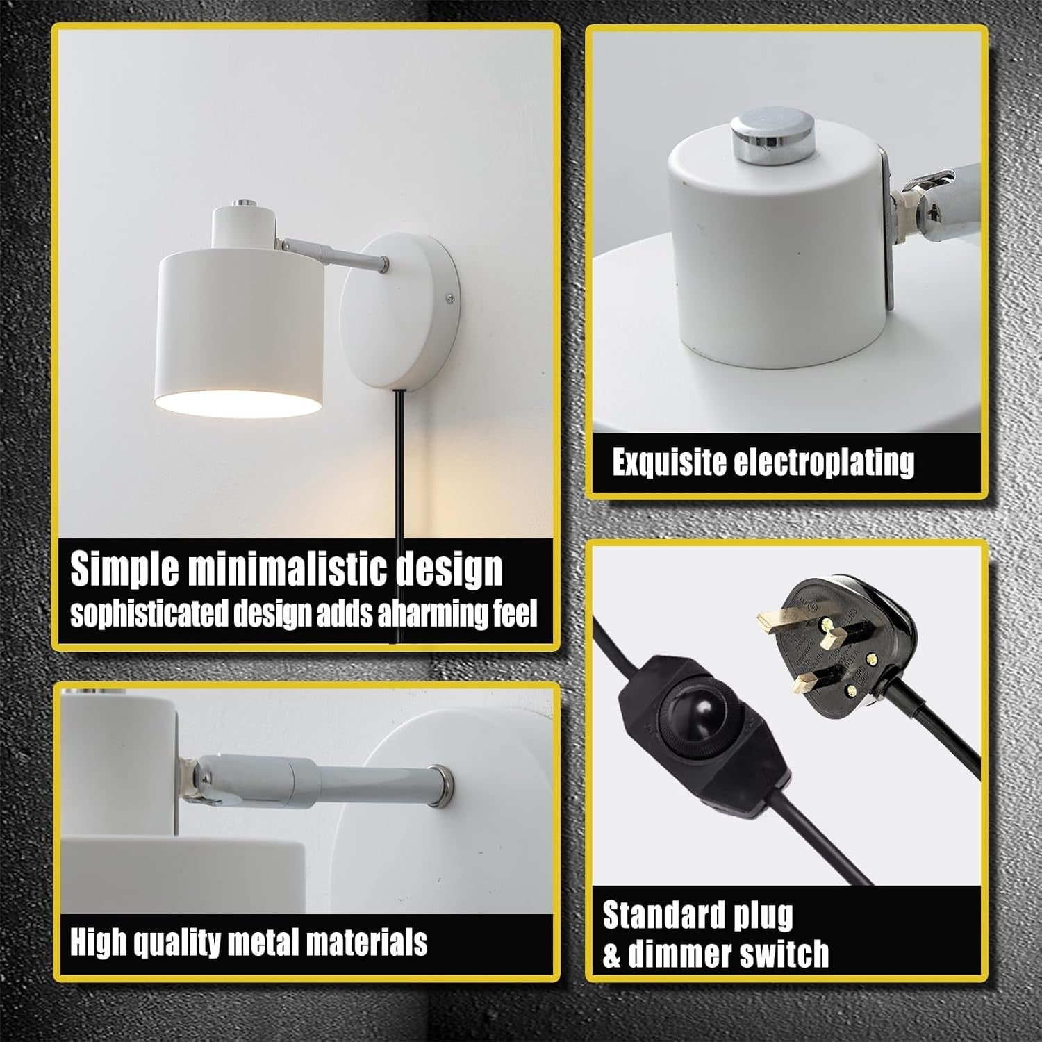 Dimmable Plug-in Wall Sconce Light, 360° Rotatable, Modern Metal Lamp