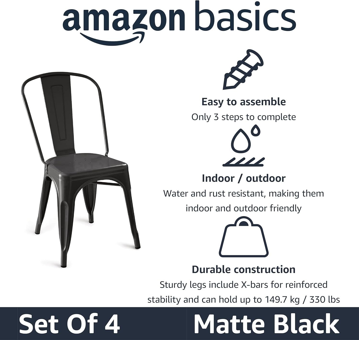 Set of 4 Black Metal Dining Chairs Stackable Indoor Outdoor