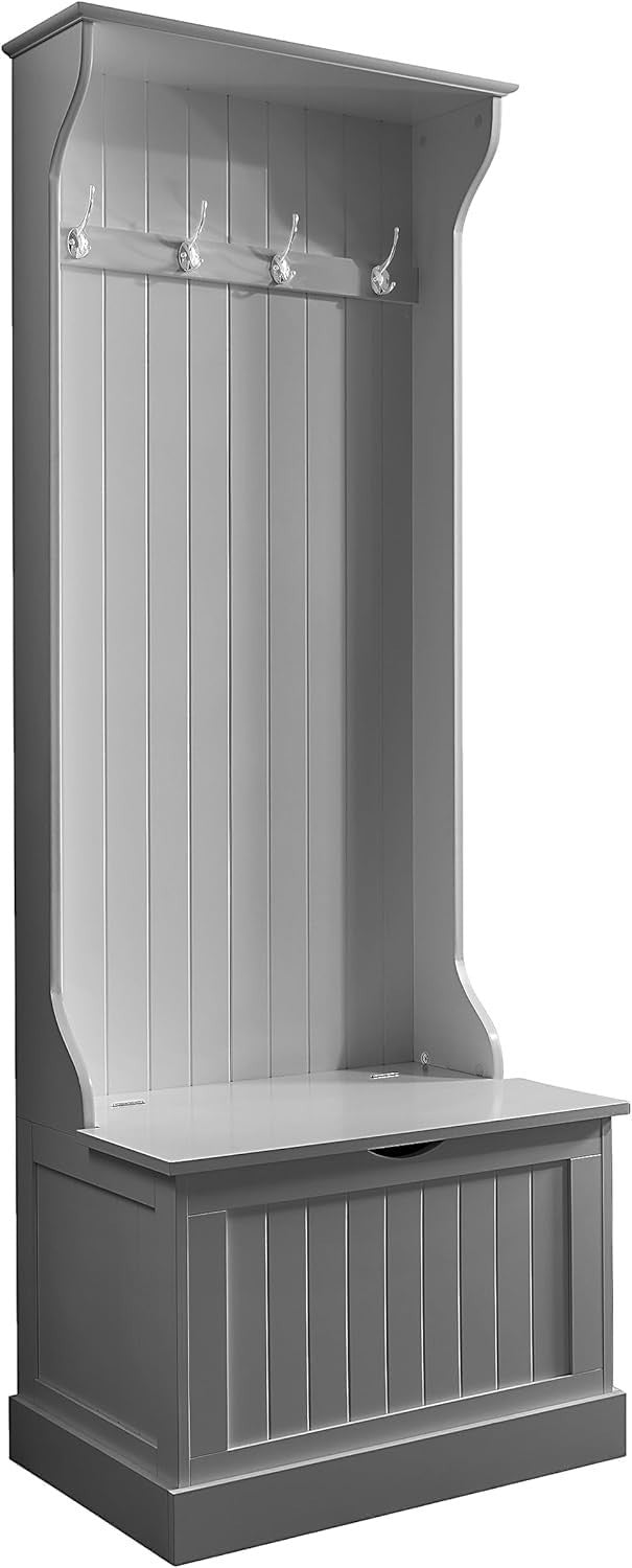 Grey Hall Tree Coat Stand with Shoe Storage Bench & 4 Double Hooks 65x44x177cm