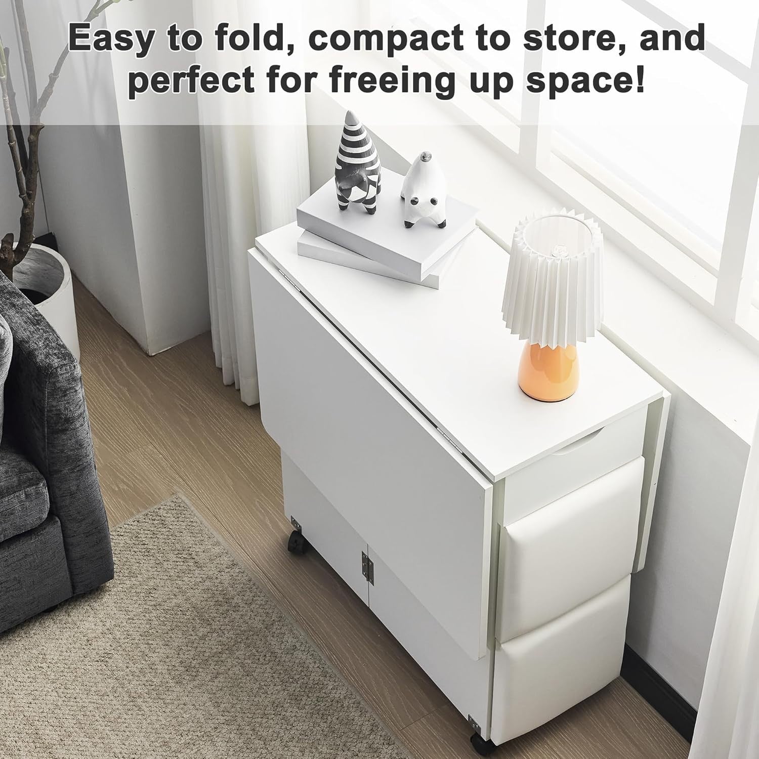 Compact Folding Dining Table Set with Storage & PU Chairs, Lockable Wheels