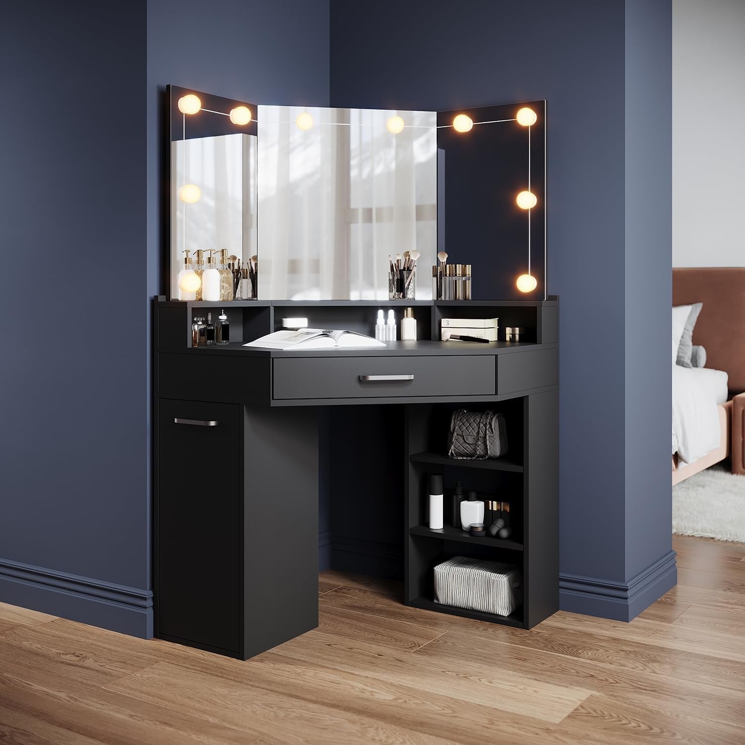 Makeup Vanity Dressing Table Corner Desk w/ 3-Angle Mirror & Hollywood LED Light