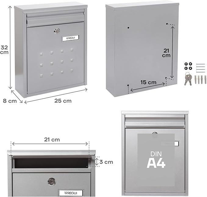 Lockable Wall Mounted Mailbox DIN A4 Size Slim Waterproof Steel Post Box Silver