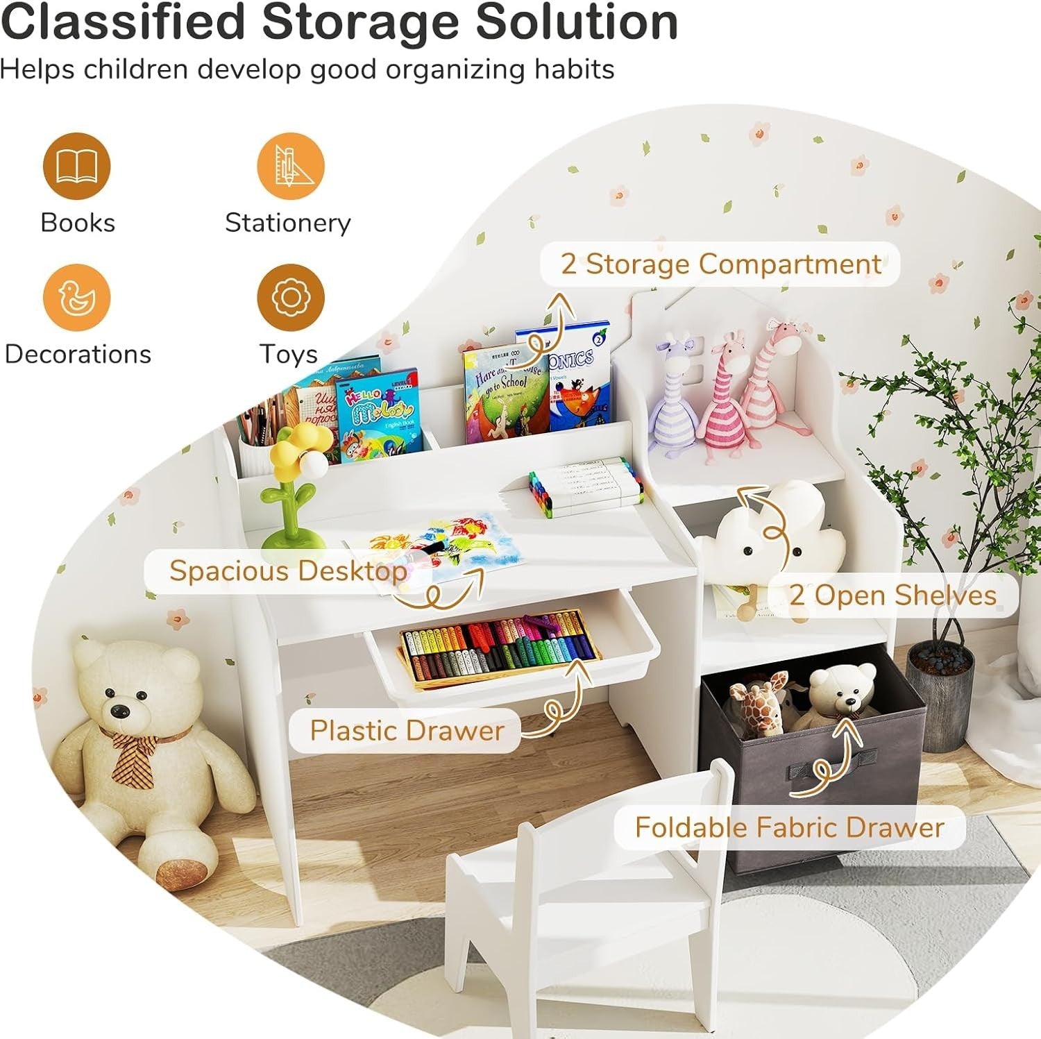 Kids Wooden Desk and Chair Set w/ Drawer Shelves Storage Bin Study Table White