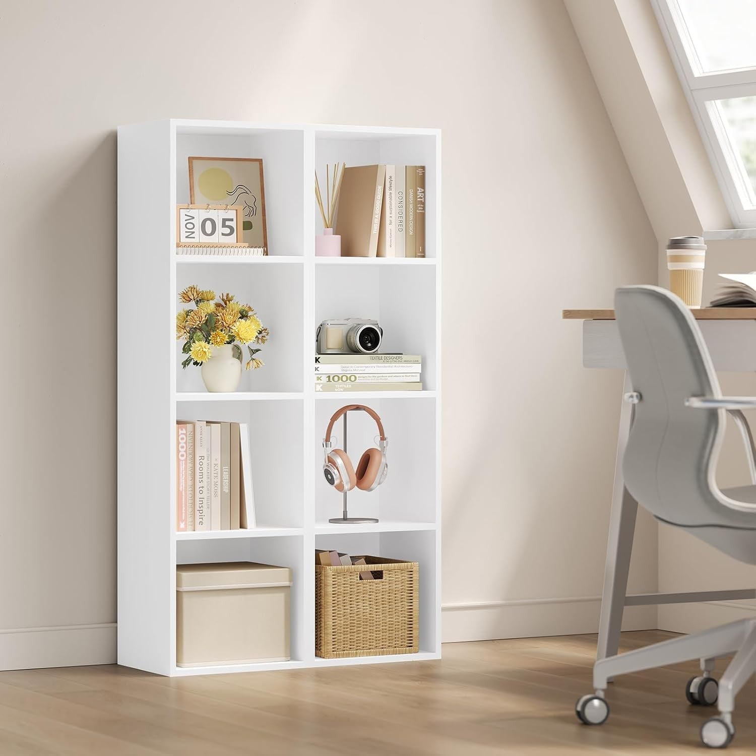 White 4 Cube Bookcase Tall Slim Storage Shelf Unit Modern Freestanding Display