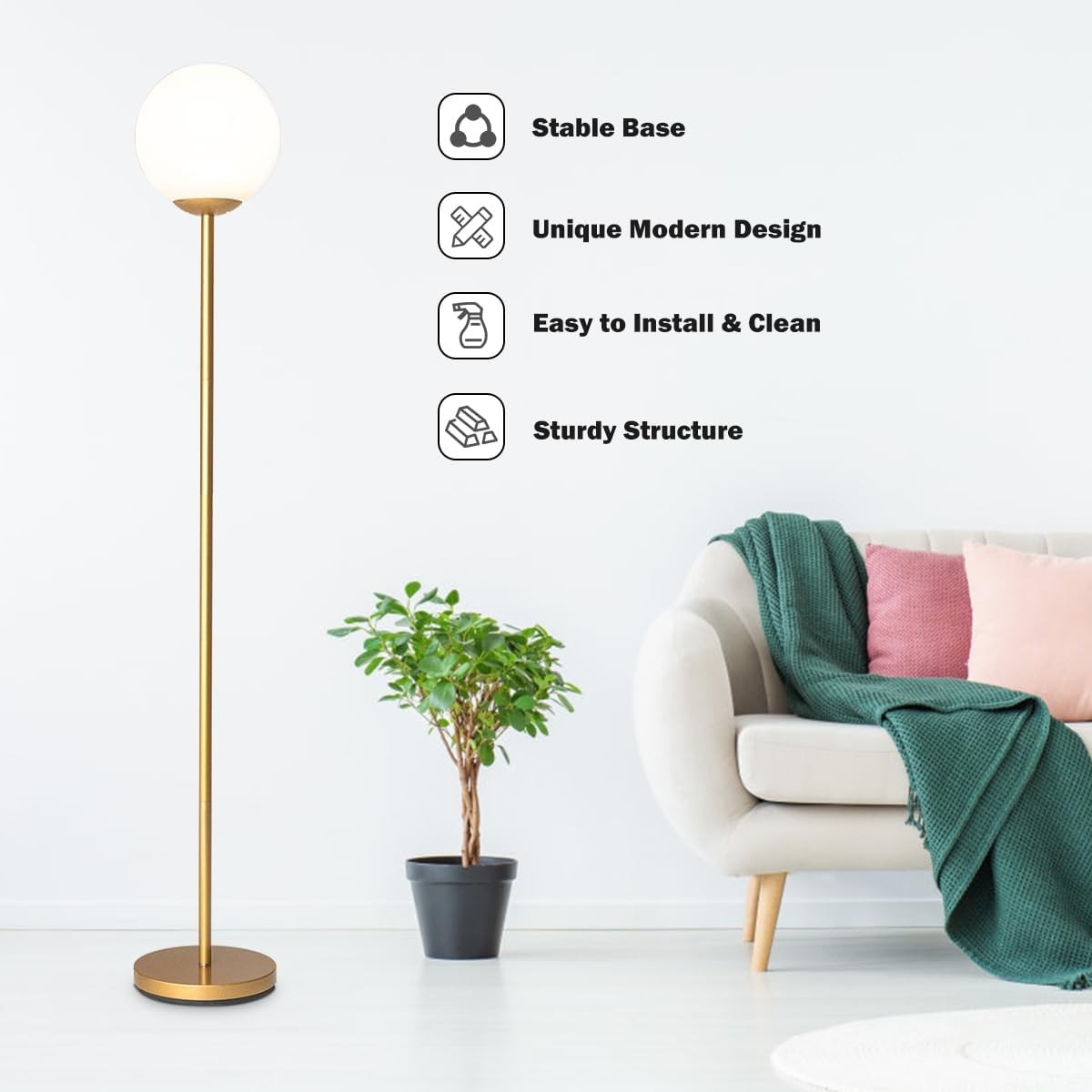 Modern Globe Floor Lamp Brushed Metal Tall Standing Light Bedroom Living Room