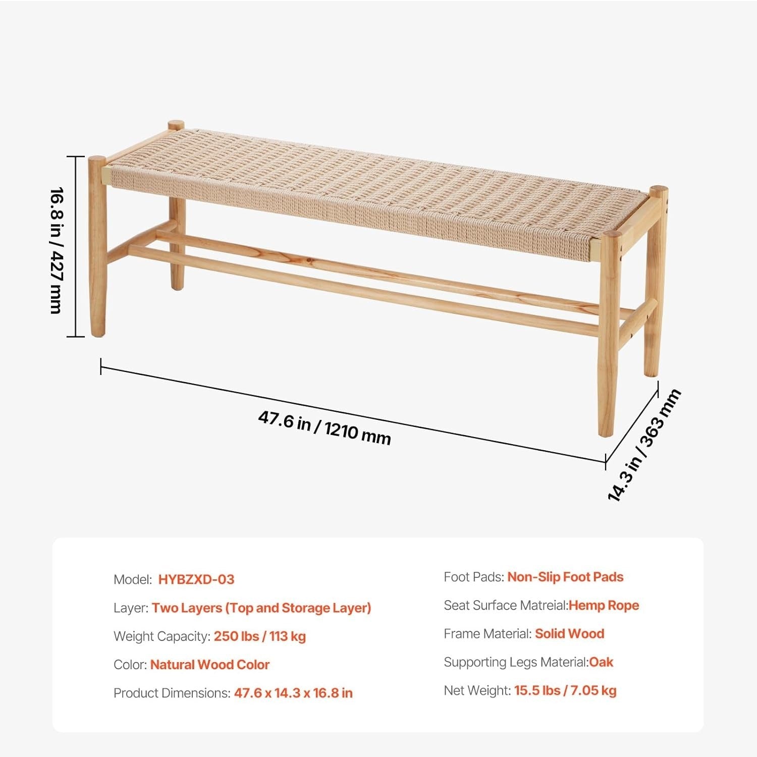 Natural Rattan Wooden Bench with Oak Legs, Handwoven Seat & Shoe Storage