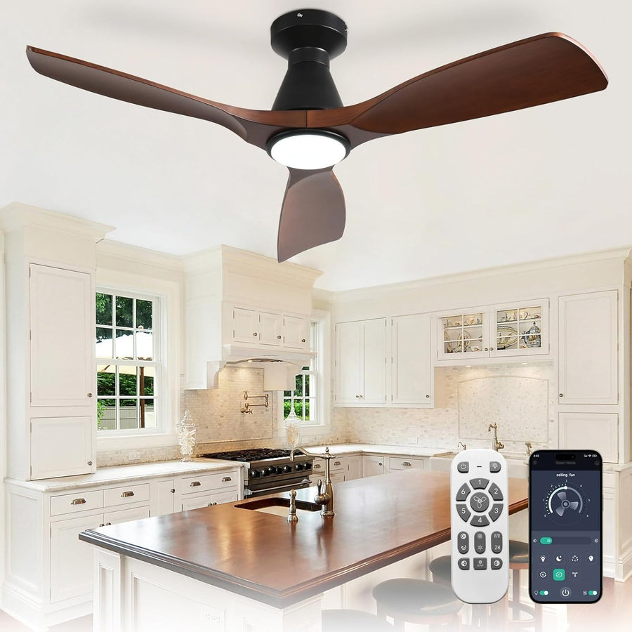 42" Ceiling Fan Light, Walnut Wood 3-Blade LED, Quiet Reversible DC