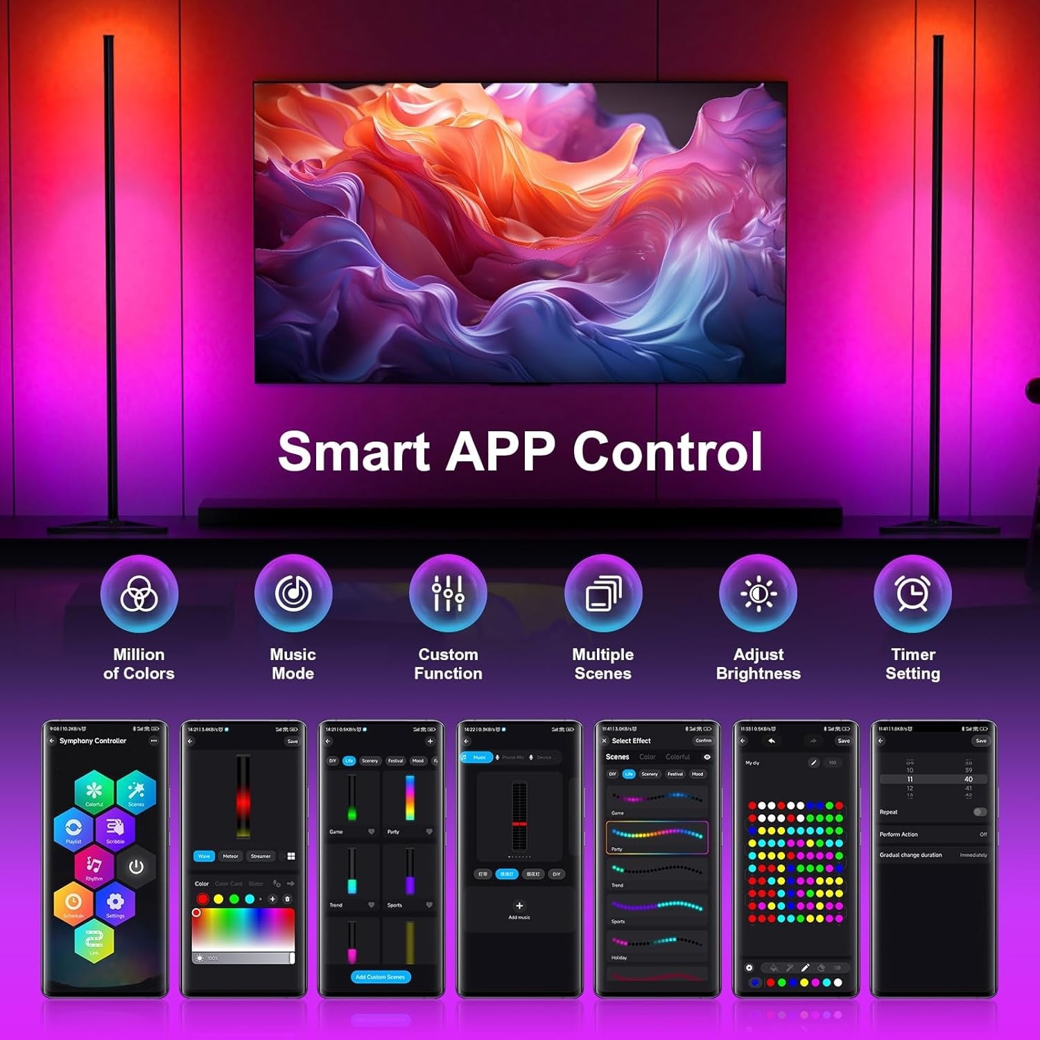 RGB Corner Floor Lamp Smart LED App Remote Music Sync Gaming Room Light