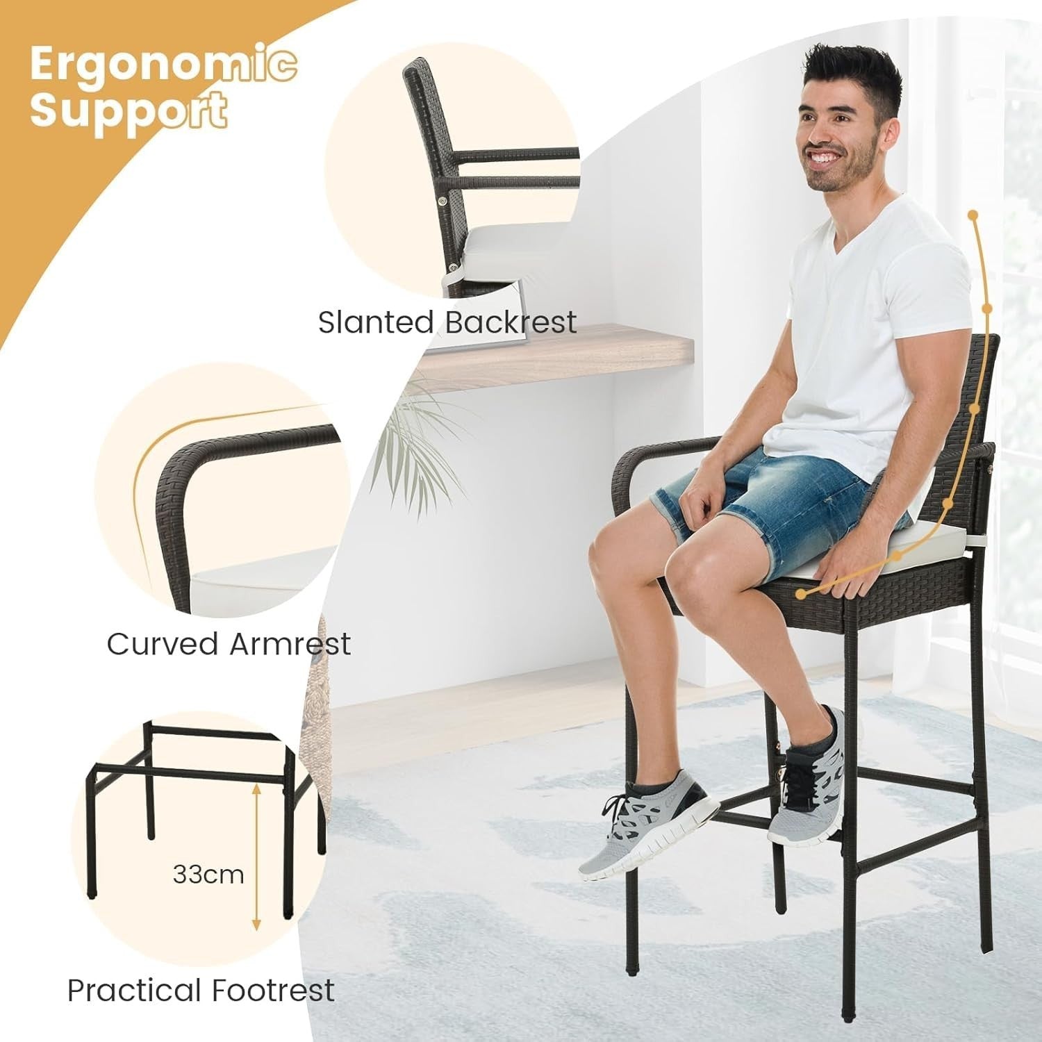 Rattan Bar Stools Set of 4 High Back Counter Chairs Cushions Footrest