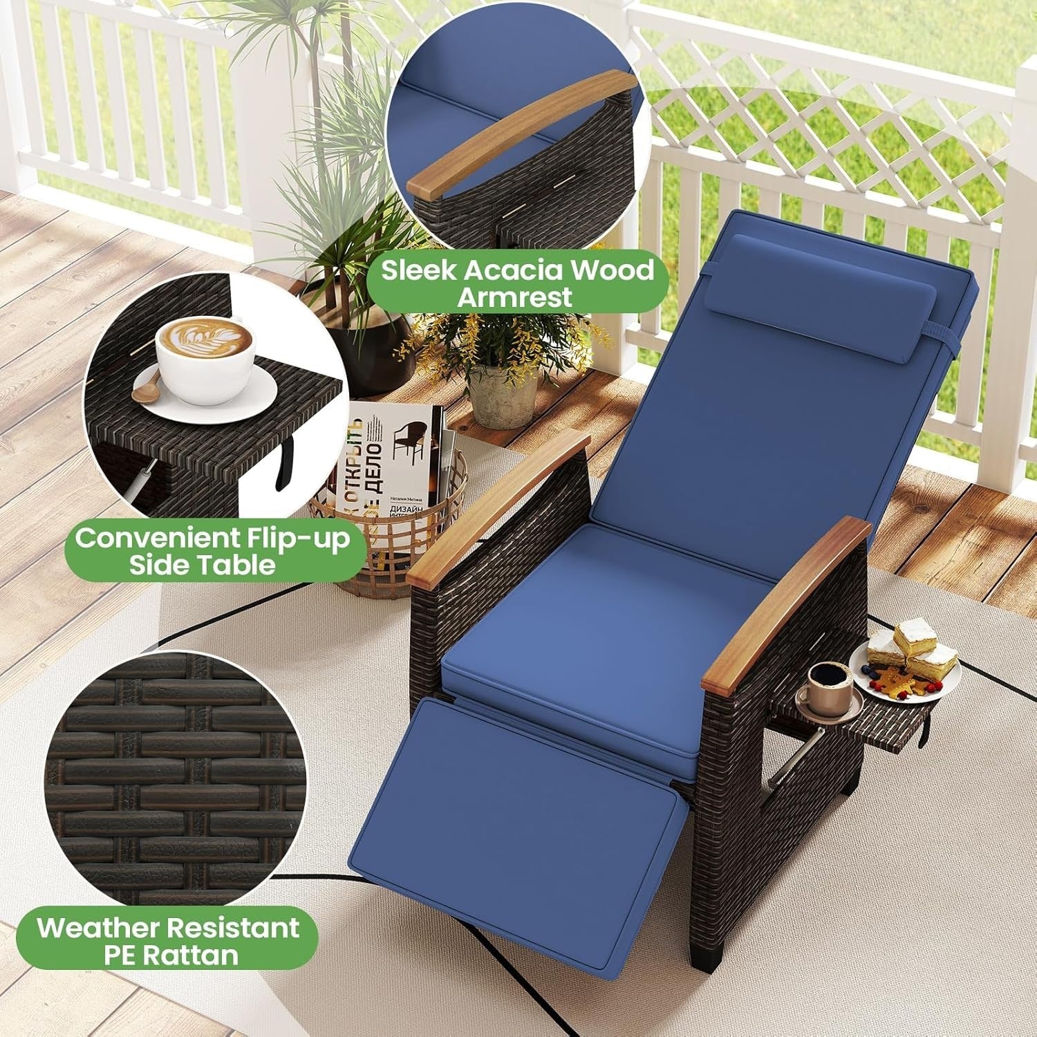 Adjustable Rattan Recliner Chair Cushioned Sun Lounger with Footrest