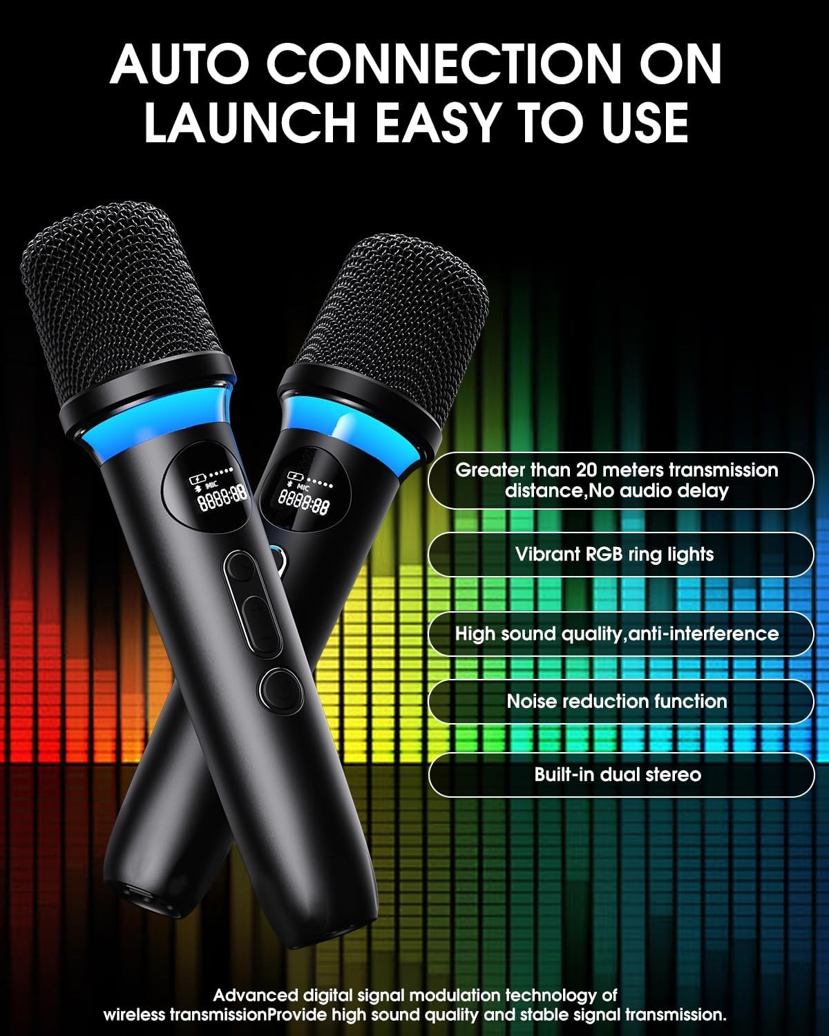 60W Karaoke Machine 2 Wireless Mics IPX5 Waterproof LED