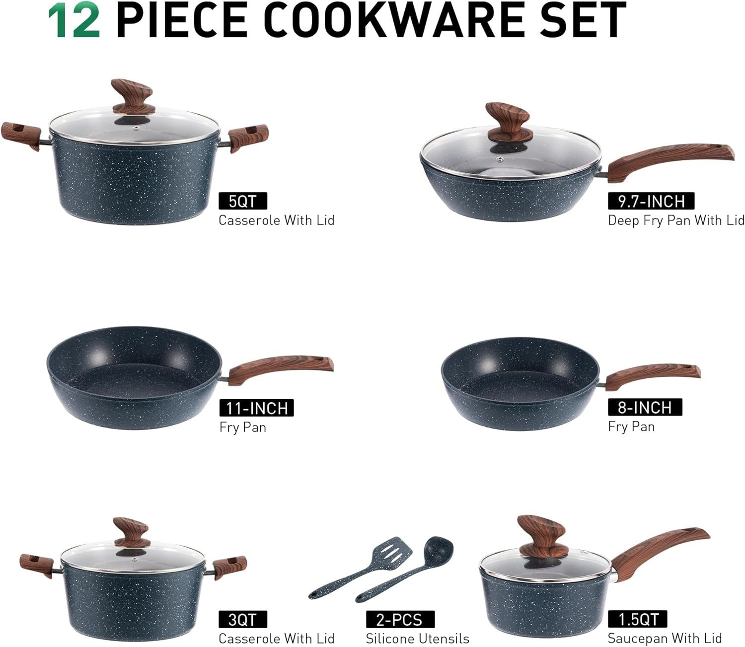 12pcs Blue Granite Non Stick Cookware Set – Pots & Pans with Lids and Utensils