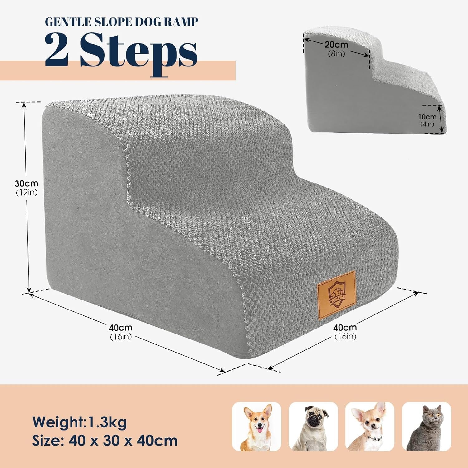 Grey 2 Step Dog Stairs 30D Foam Non Slip Pet Ramp 40x40x30cm