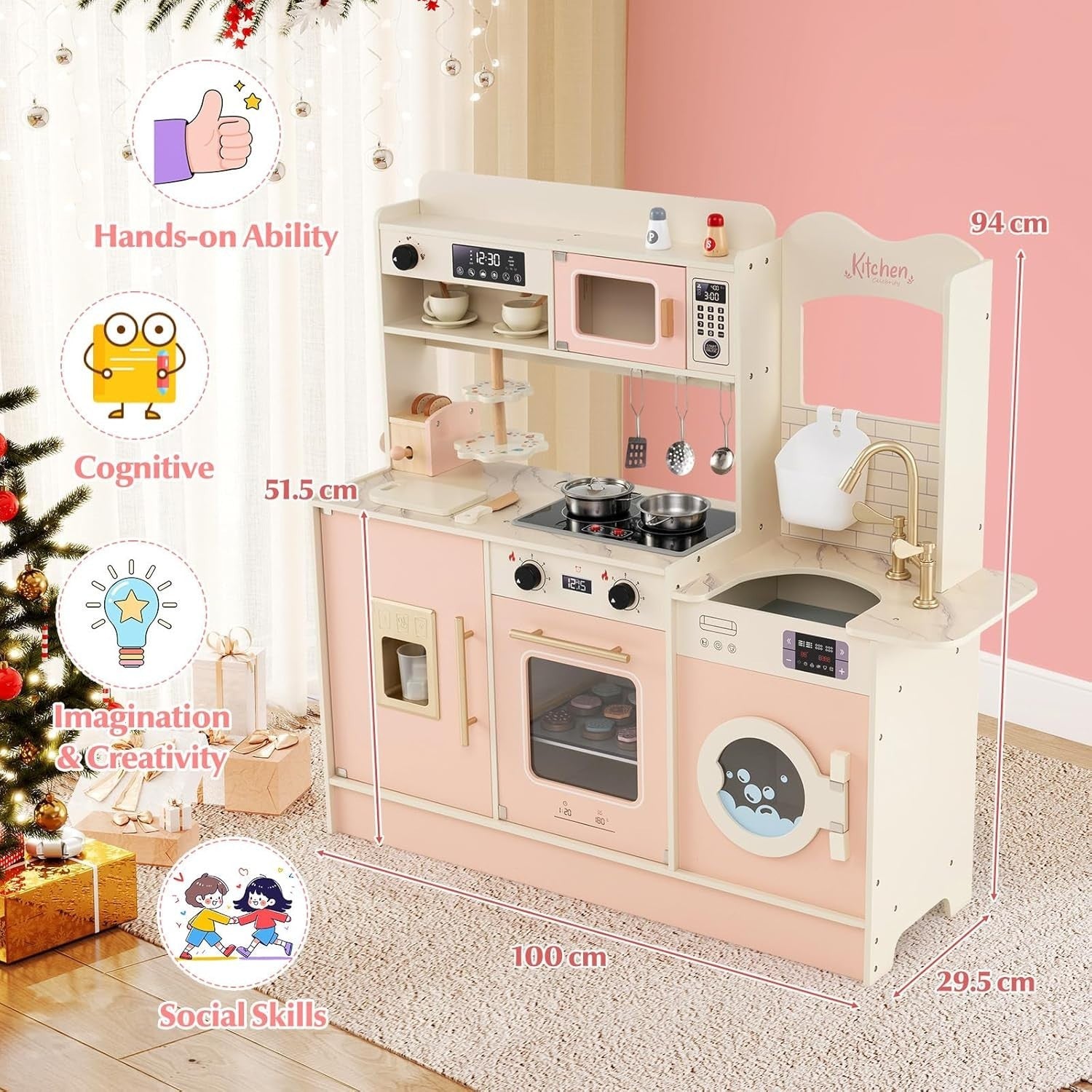 Kids Wooden Play Kitchen Light Sound Coffee Machine Toaster Pink Toy