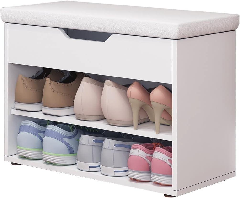 Modern White Shoe Storage Bench with Cushion, 2-Tier Rack & Hidden Compartment
