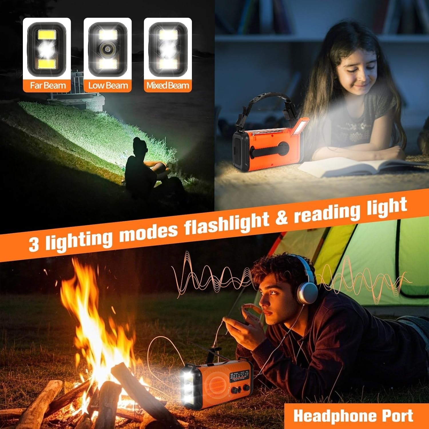 Wind Up Solar Emergency Radio 20000mAh AM/FM NOAA SOS Torch Orange