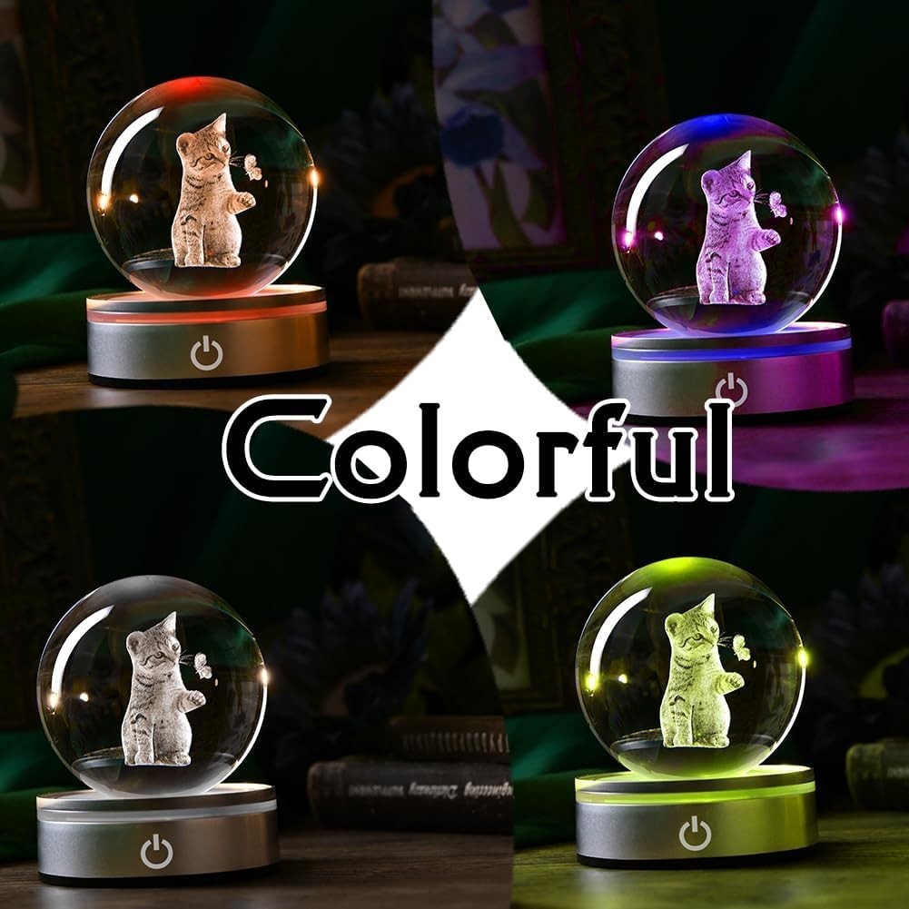 3D Cat Crystal Ball LED Light • Engraved Kitten with Butterfly Ornament